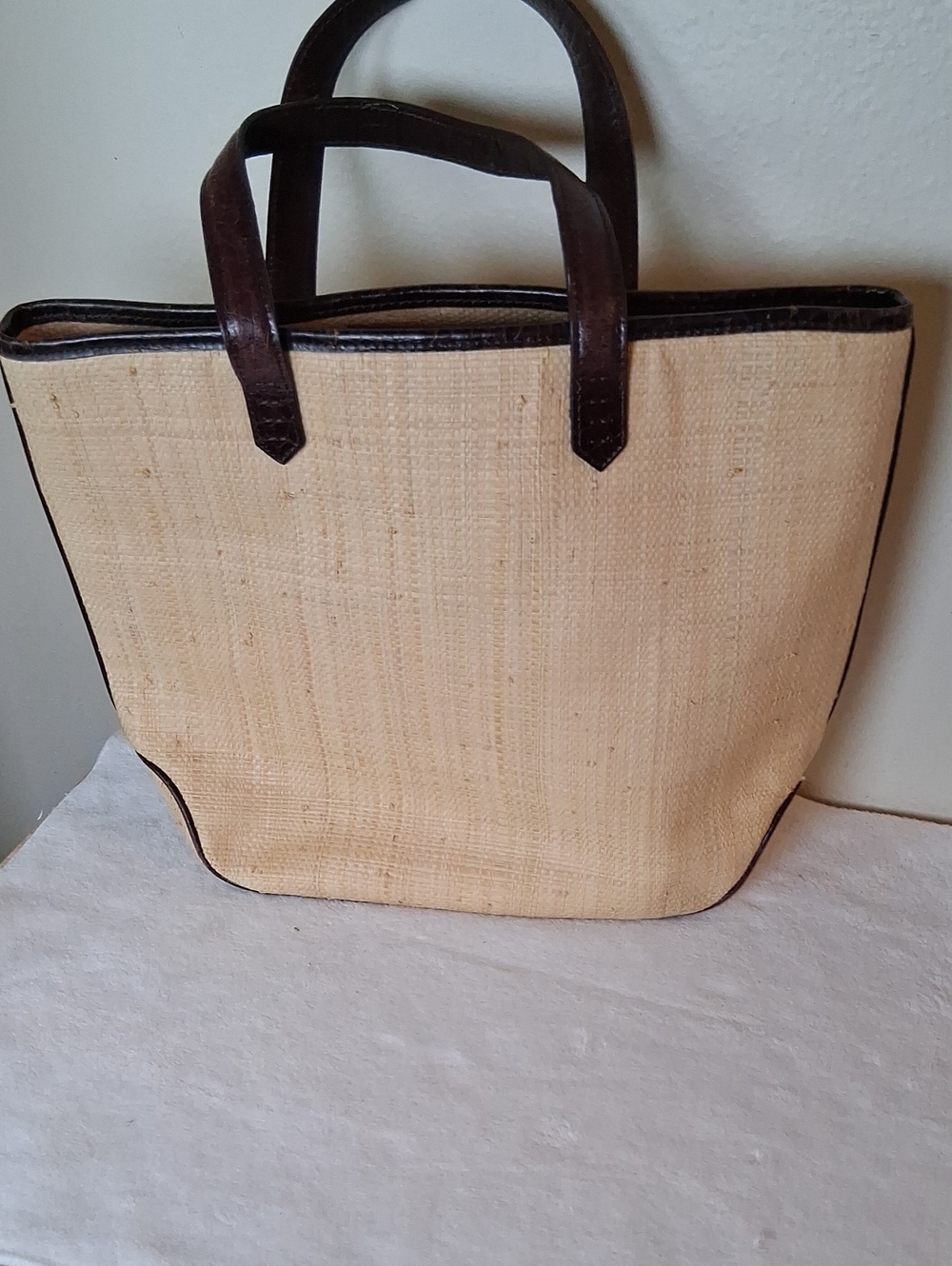 Ann Taylor Beige Straw Tote with Dark Brown Leather Trim